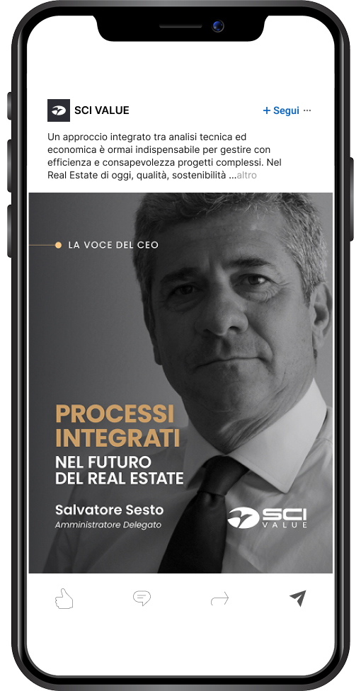 Format grafico La voce del CEO - Strategia Social per Sci Value Visual grafico del format La voce del CEO con ritratto di Sesto: focus sull'integrazione dei processi nel Real Estate.