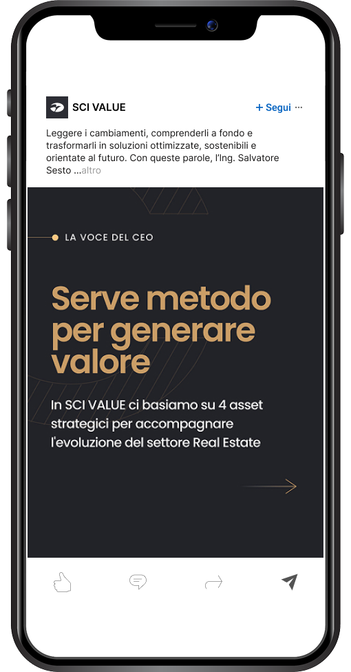 Format grafico La voce del CEO - Strategia Social per Sci Value Visual grafico del format La voce del CEO: focus sull'importanza del metodo e dei 4 asset strategici