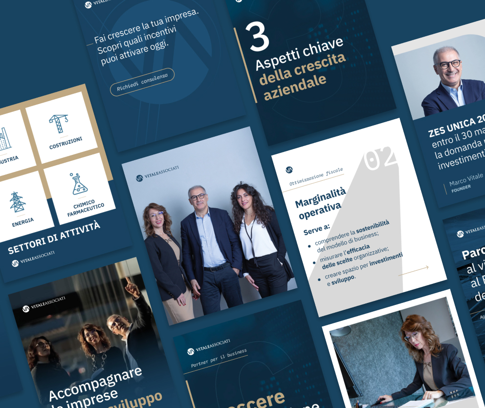 Panoramica format social per Vitale Associati, con grafiche informative, icone di settore e foto del team professionale