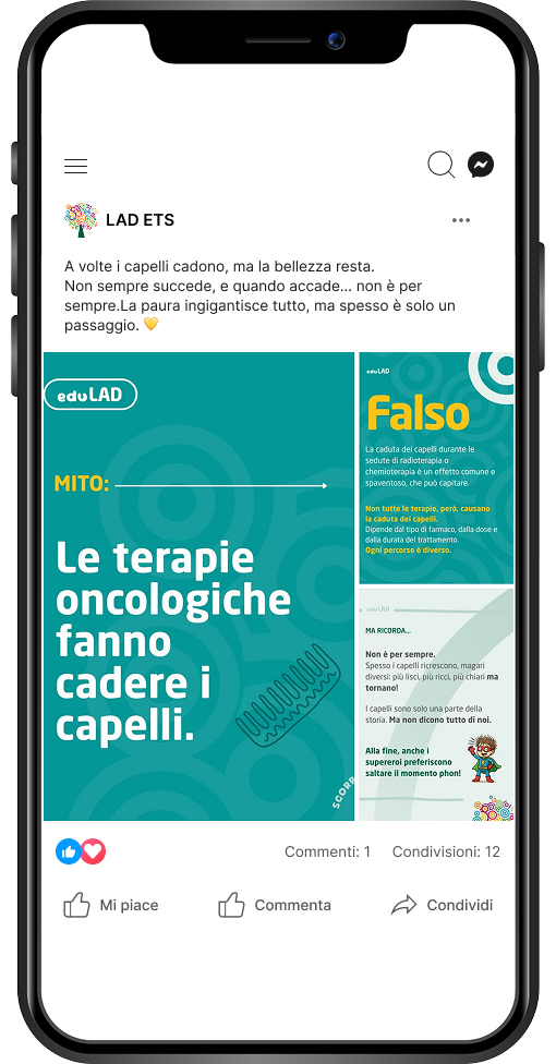 Post grafici eduLAD: format per sfatare il mito della caduta dei capelli in tutte le terapie oncologiche