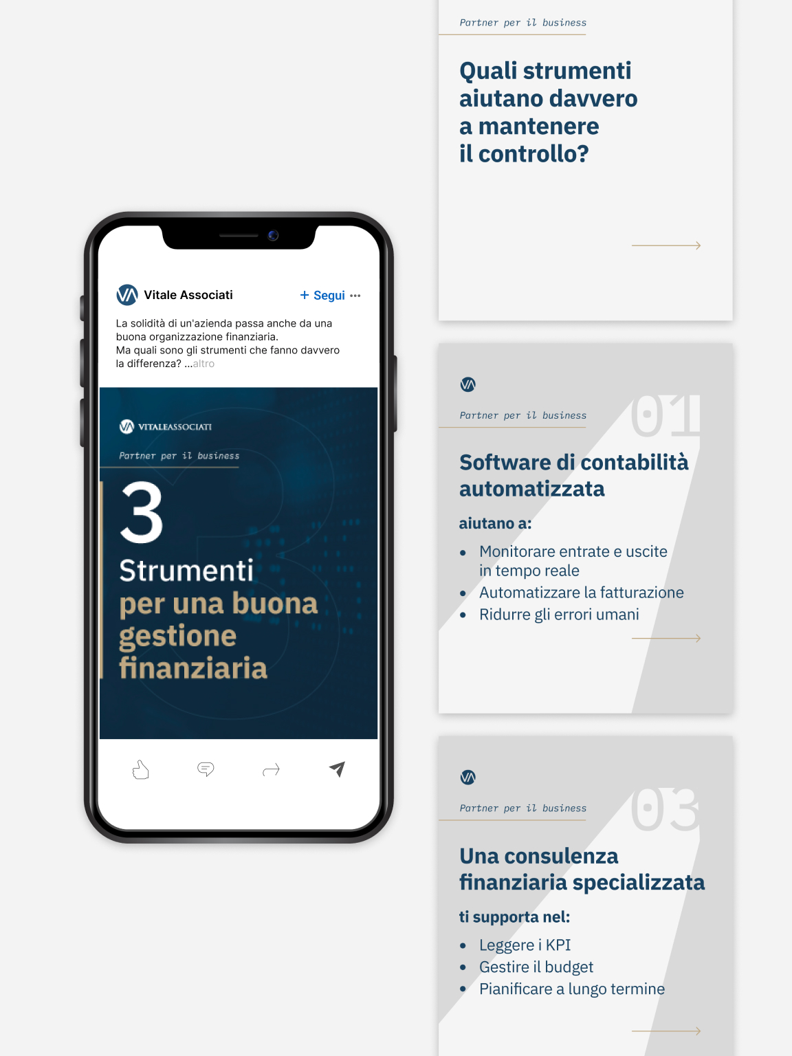 Esempio di carosello social: slide con liste puntate su software di contabilità, analisi cash flow e consulenza specializzata