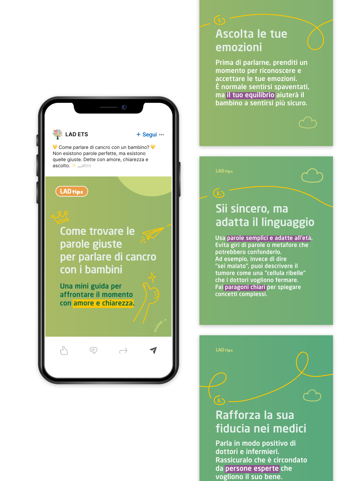 Mockup smartphone e carosello LAD tips: 4 slide verdi con consigli su come parlare di cancro ai bambini
