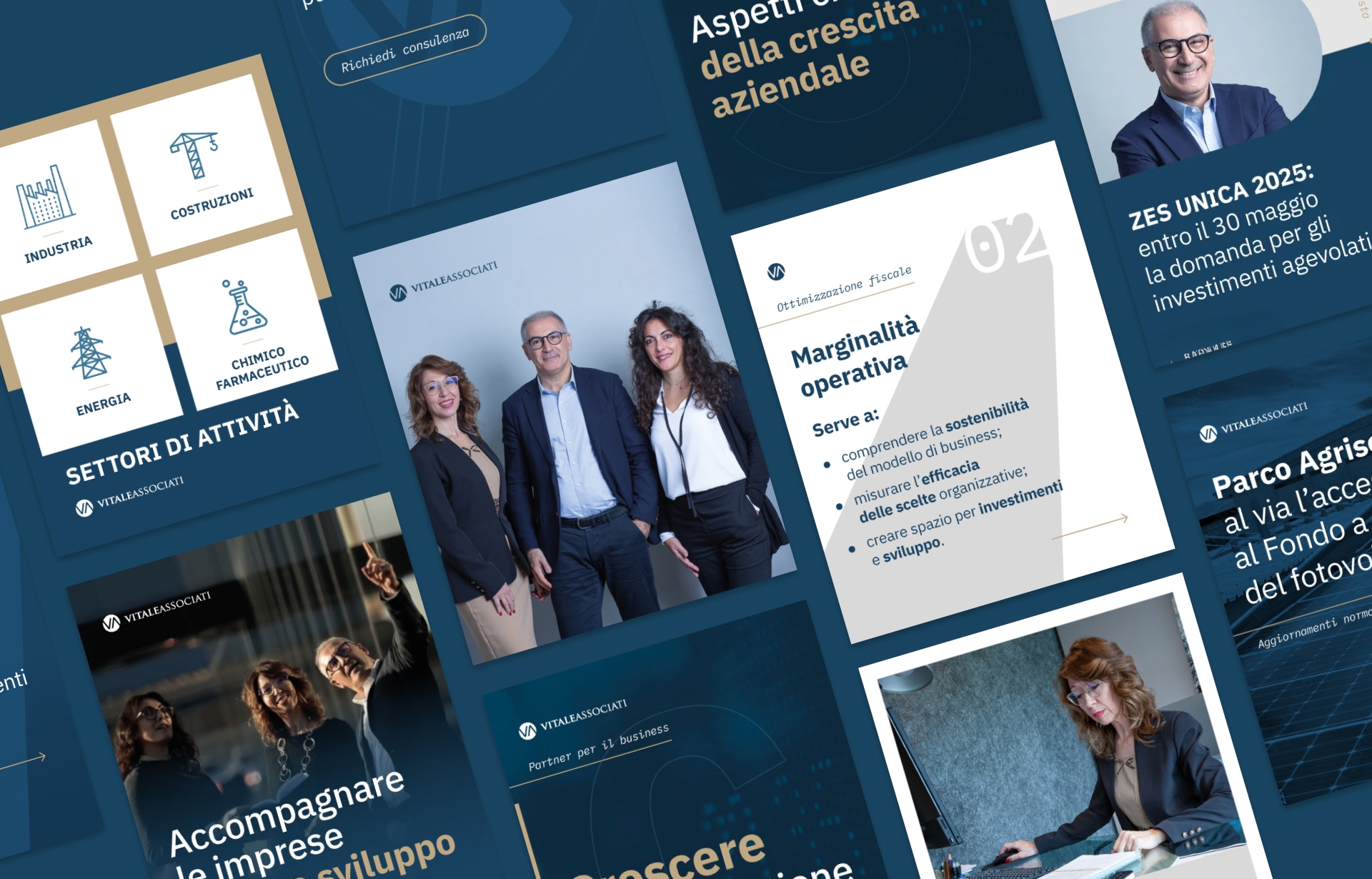 Panoramica format social per Vitale Associati, con grafiche informative, icone di settore e foto del team professionale
