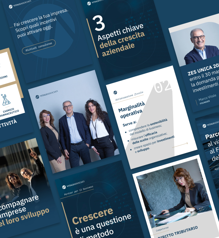 Panoramica format social per Vitale Associati, con grafiche informative, icone di settore e foto del team professionale