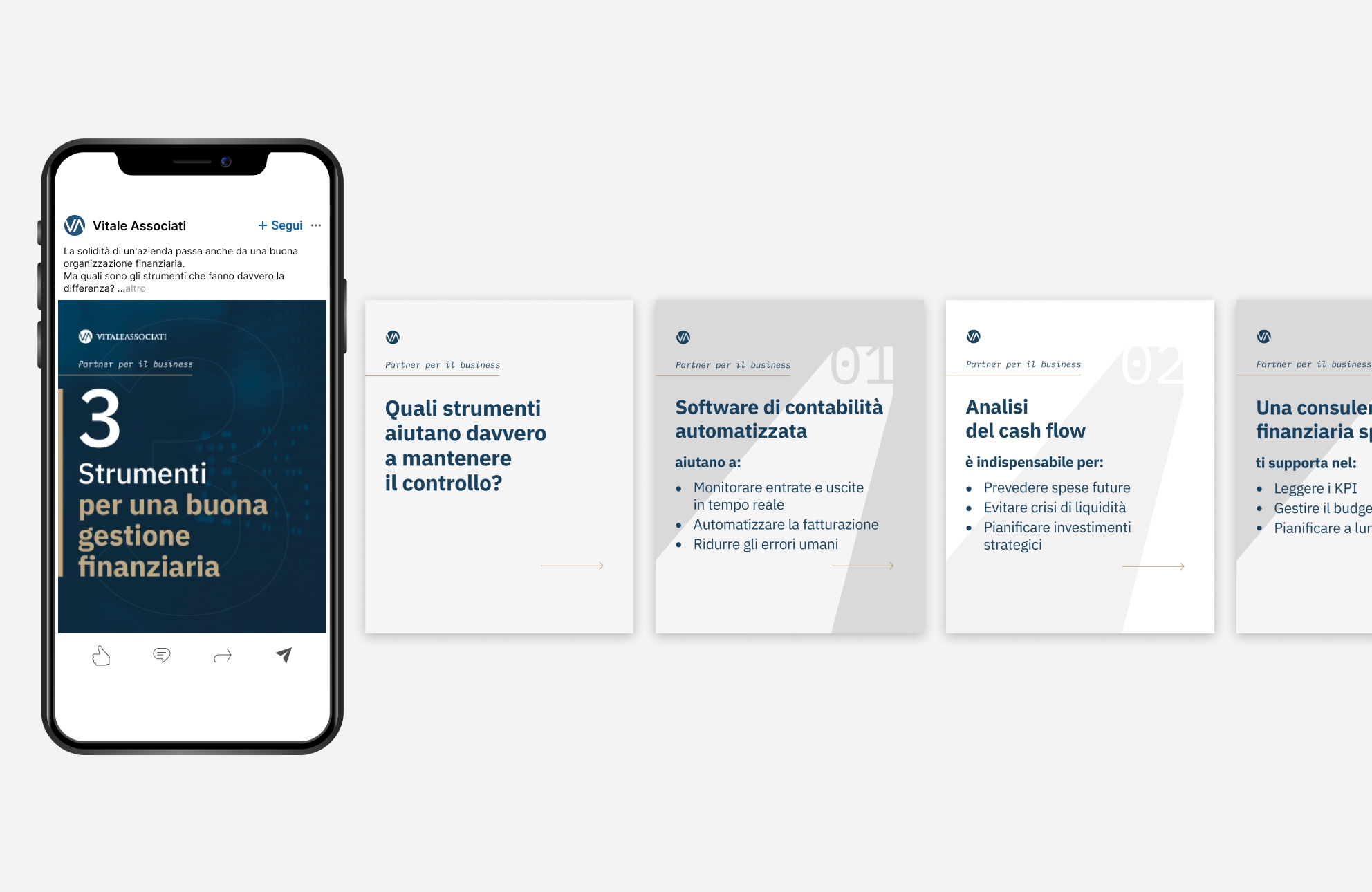Esempio di carosello social: slide con liste puntate su software di contabilità, analisi cash flow e consulenza specializzata