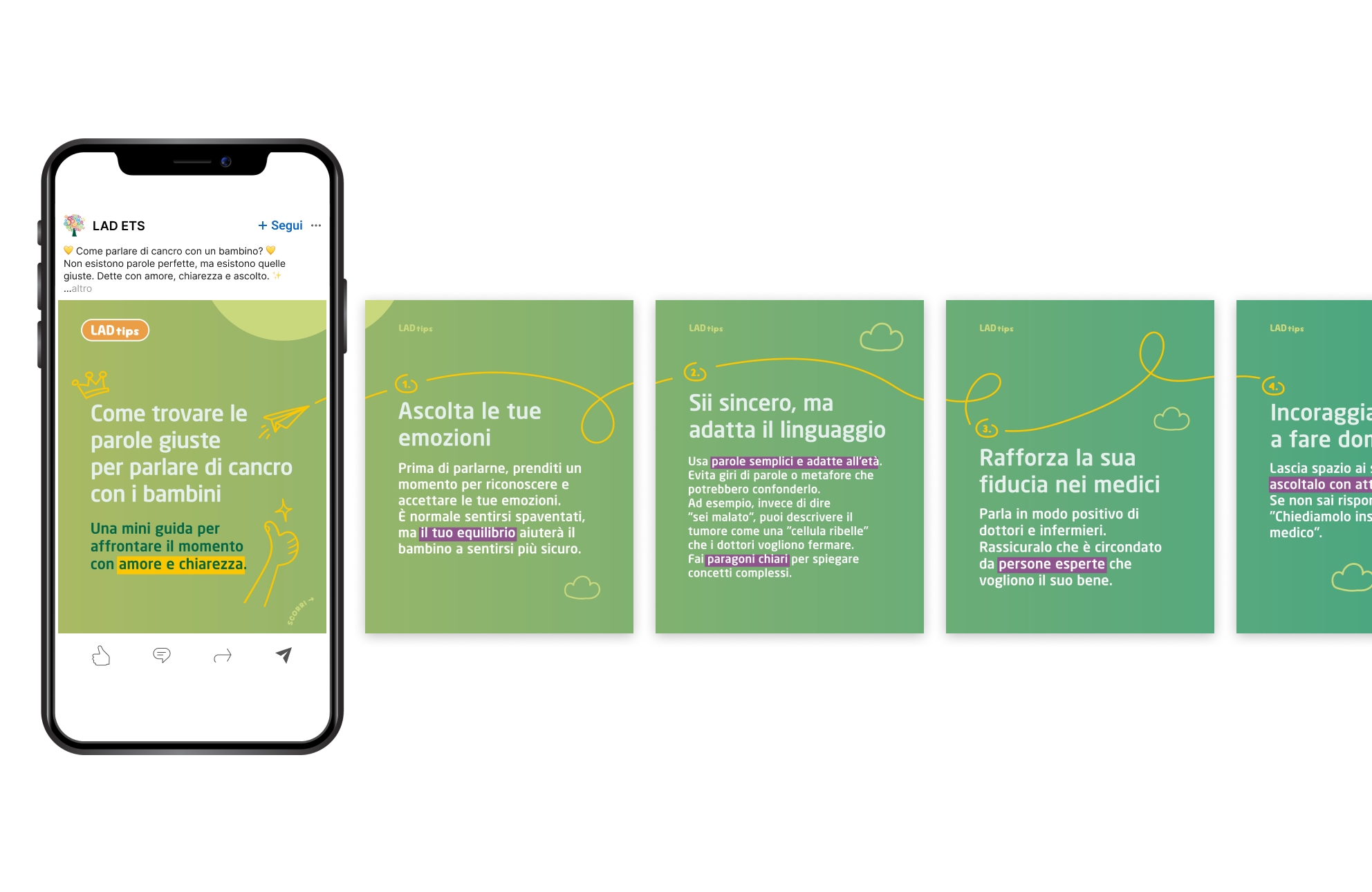 Mockup smartphone e carosello LAD tips: 4 slide verdi con consigli su come parlare di cancro ai bambini