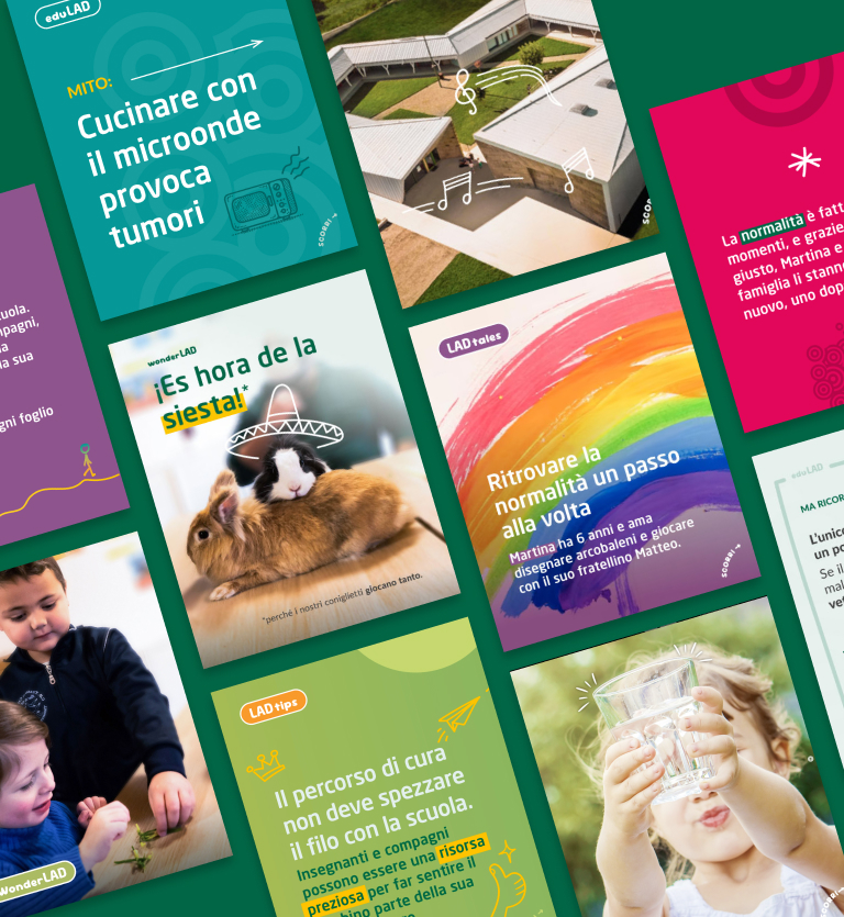 Panoramica format social LAD ETS: visual post su supporto psicologico, medico e attività per le famiglie