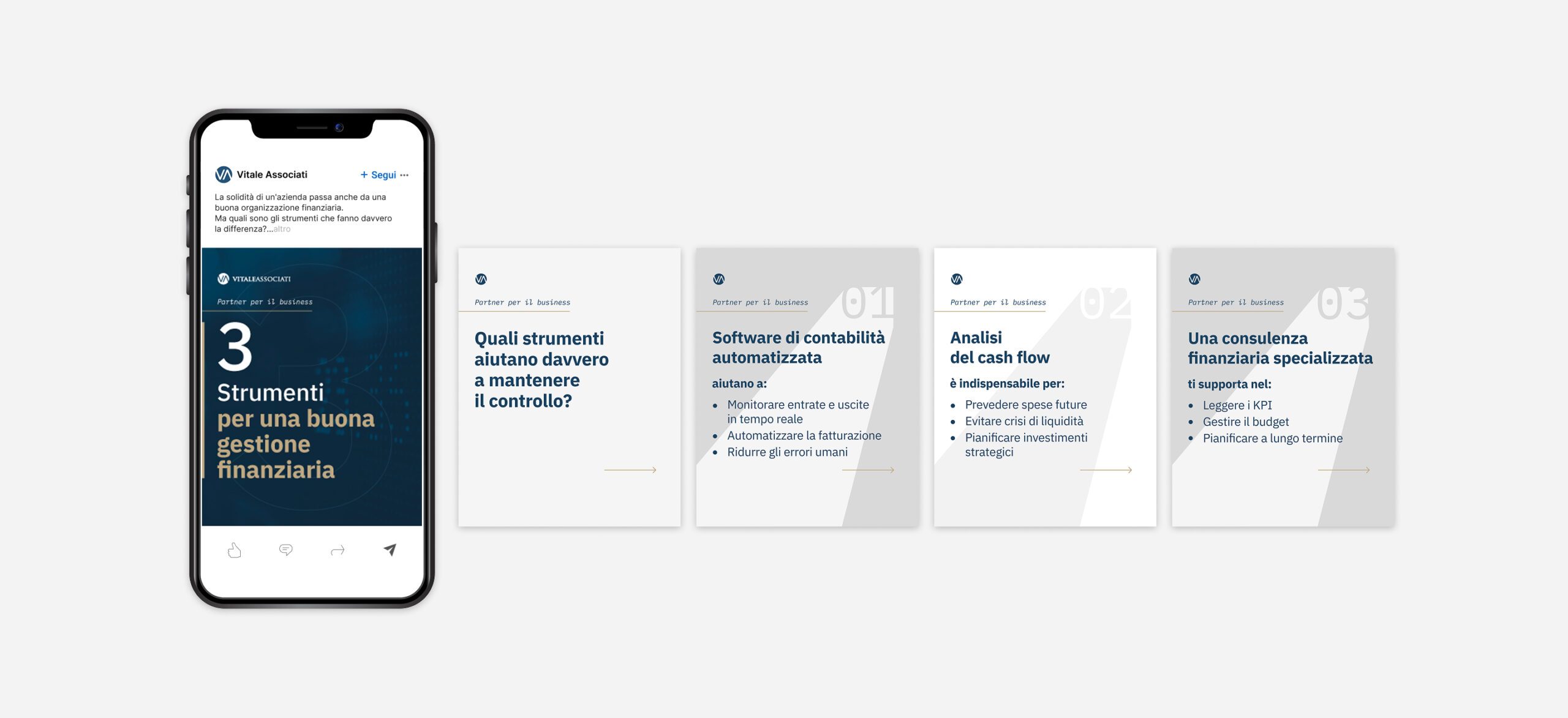 Esempio di carosello social: slide con liste puntate su software di contabilità, analisi cash flow e consulenza specializzata