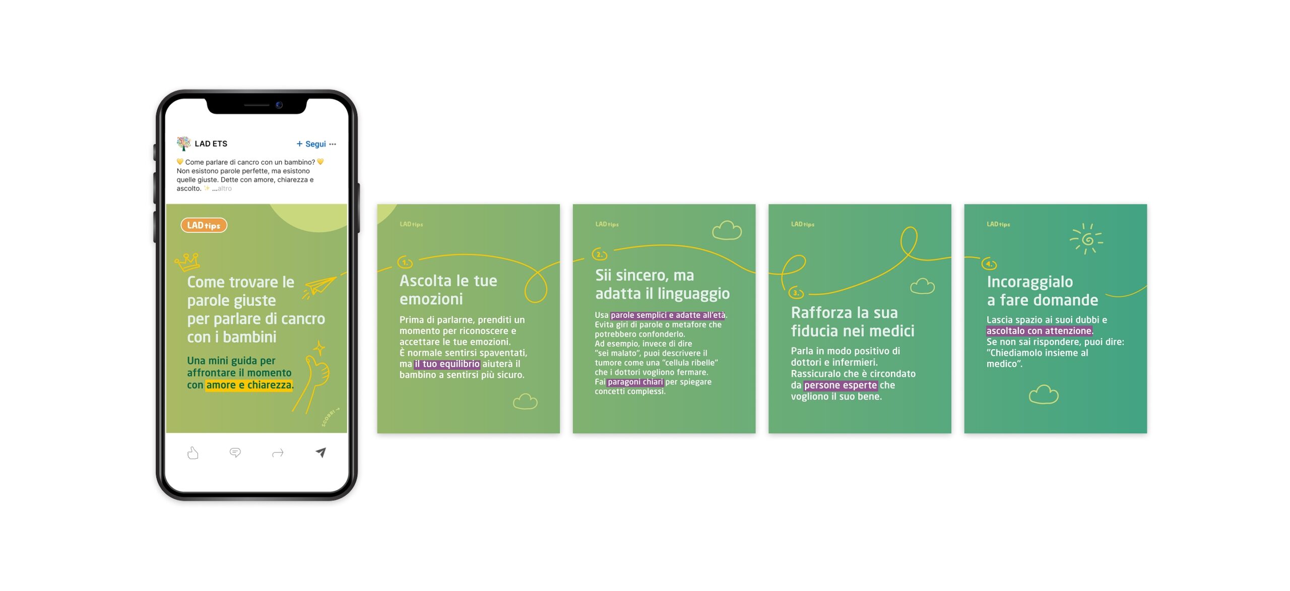 Mockup smartphone e carosello LAD tips: 4 slide verdi con consigli su come parlare di cancro ai bambini